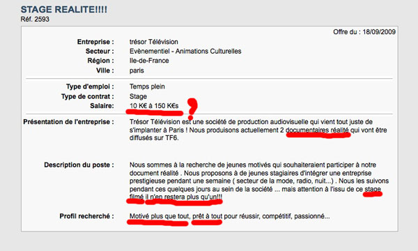 offre d'emploi stage réalité